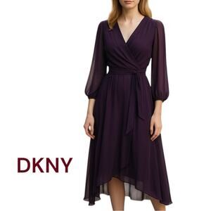 DKNY Sheer Eggplant Purple Wrap Quiet Luxury Feminine Midi Dress NWOT Size 10